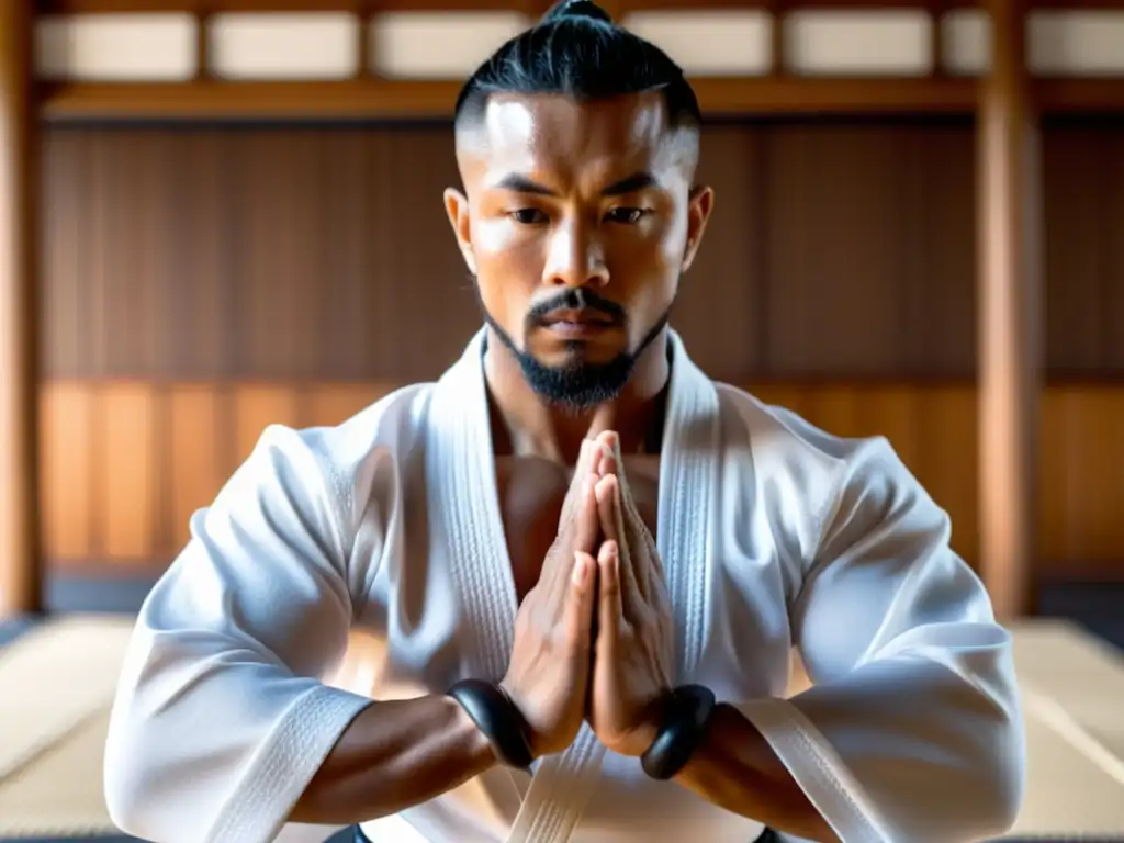 Practicante de artes marciales con fortaleza mental, concentrado en el entrenamiento con espada de madera en un dojo tradicional