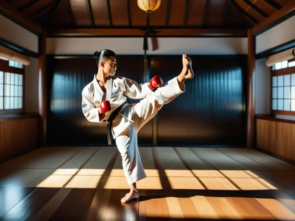 Un practicante de artes marciales ejecuta un impecable roundhouse kick en un tradicional dojo, sosteniendo elegantes pesas metálicas