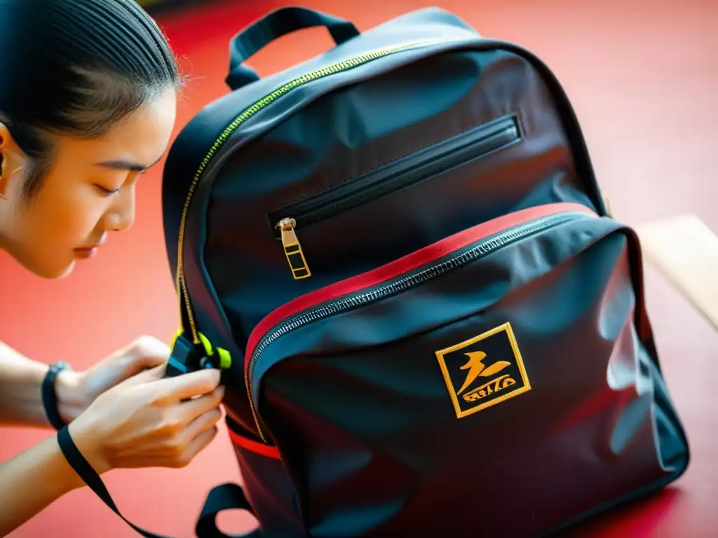 Un practicante de artes marciales limpia su mochila de equipo cómodamente, mostrando cuidado y dedicación en el mantenimiento de su equipamiento