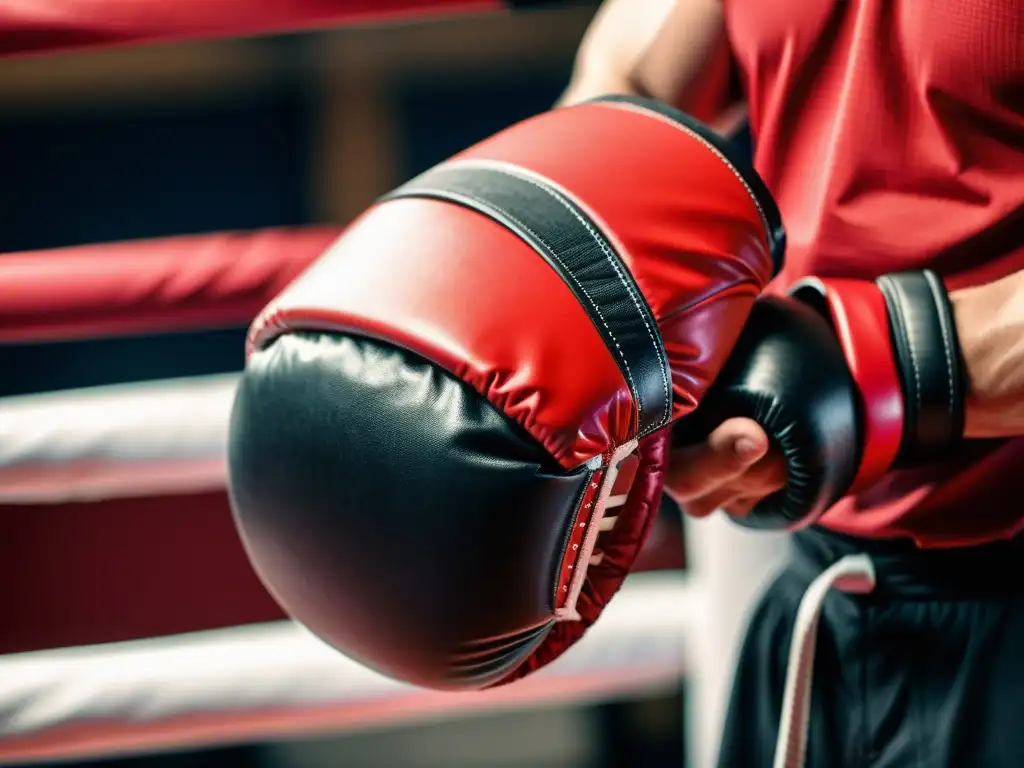 Un practicante de artes marciales sostiene unas manoplas de enfoque mientras se prepara para entrenar, con determinación en los ojos