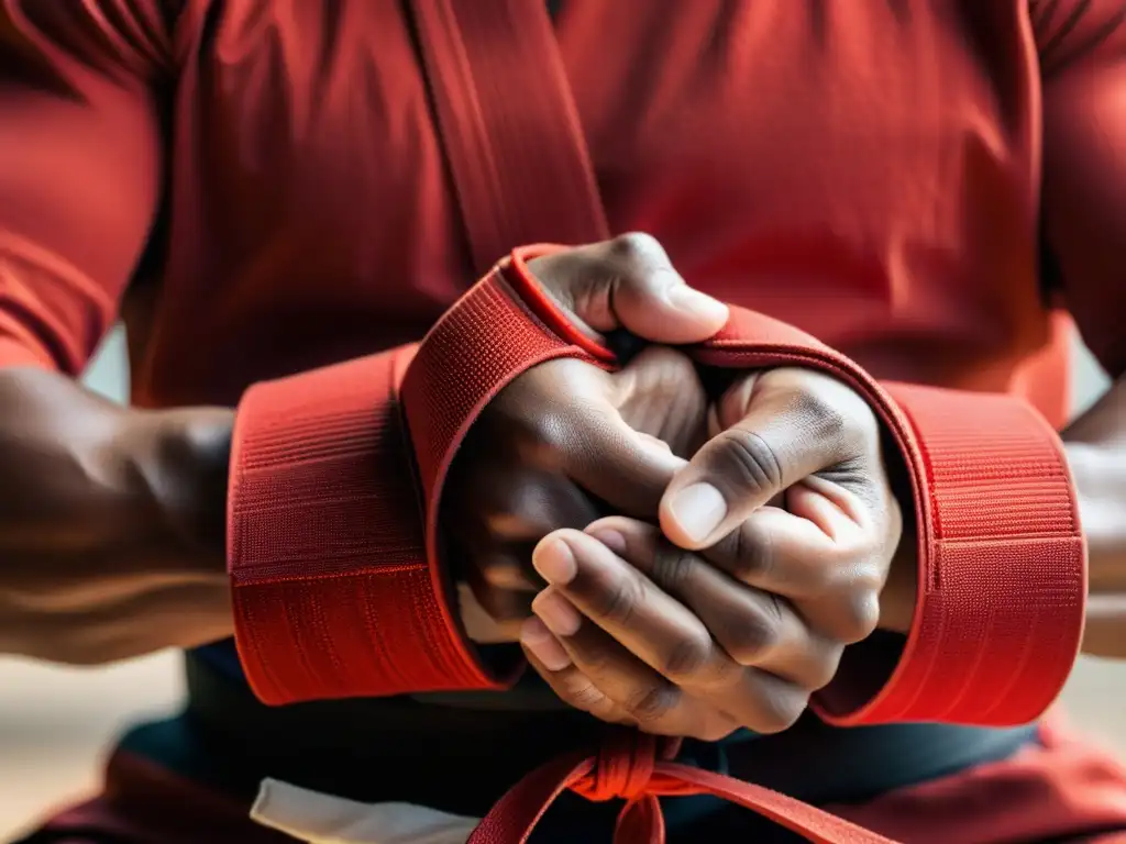 Un practicante de artes marciales envuelve con determinación sus manos con vendas rojas, listo para la práctica en un dojo tradicional