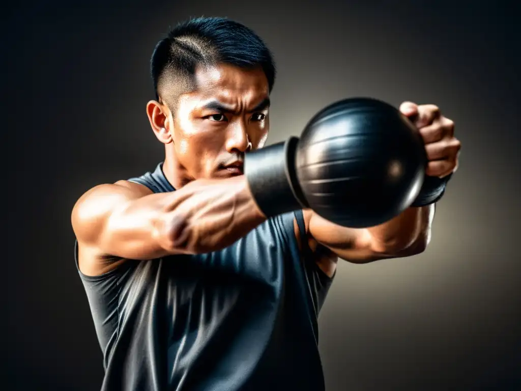 Un practicante de artes marciales se concentra intensamente al sostener una maza, destacando su determinación y poder