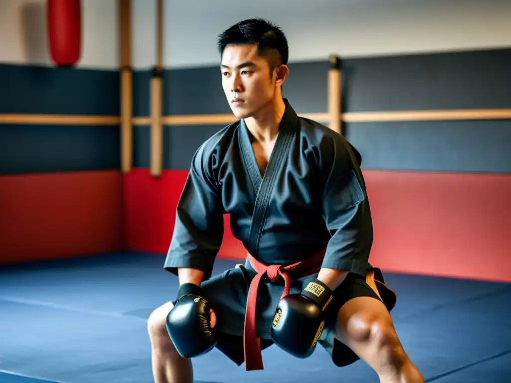 Un practicante de artes marciales con las mejores rodilleras y coderas, demostrando una técnica defensiva en un dojo