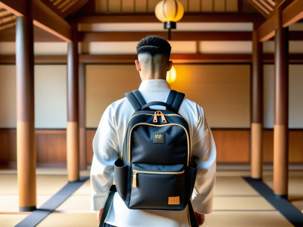 Practicante de artes marciales lleva mochila de artes marciales equipo cómodamente en un sereno dojo japonés