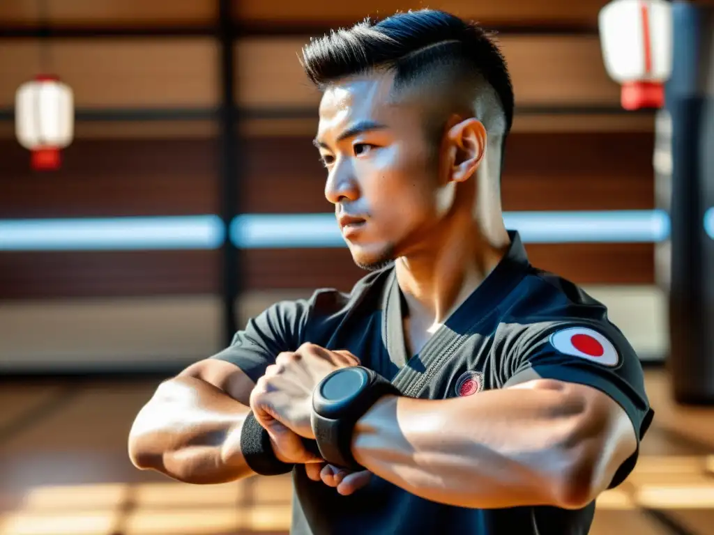 Un practicante de artes marciales usa un moderno dispositivo wearable durante su entrenamiento en un dojo tradicional