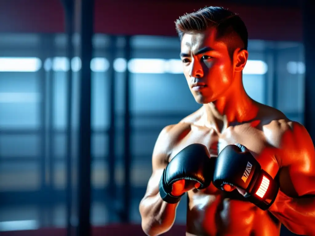 Practicante de artes marciales con monitor cardíaco en intenso entrenamiento seguro