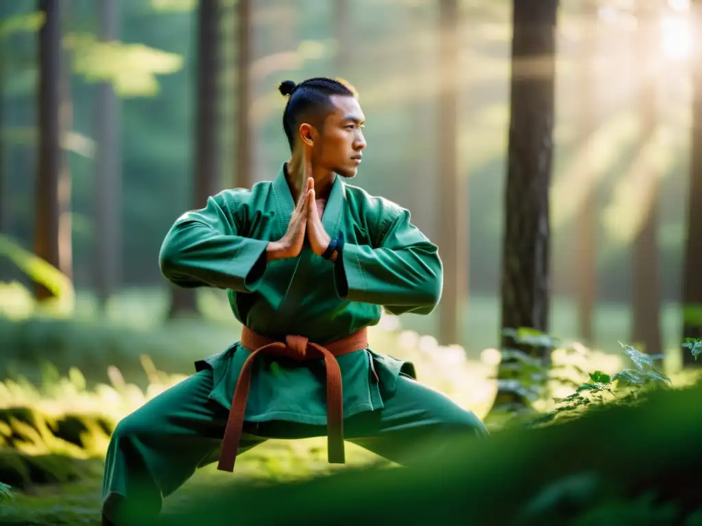 Practicante de artes marciales en la naturaleza con dieta vegetariana y concentración impresionante al amanecer