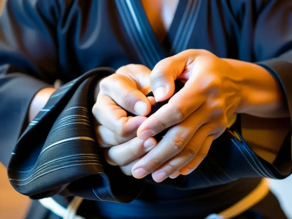 Un practicante de artes marciales envuelve con determinación tela negra alrededor de sus nudillos, mostrando la dedicación en el entrenamiento