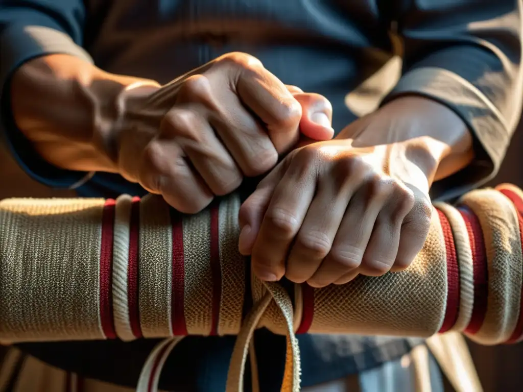 Un practicante de artes marciales envuelve sus nudillos con tela tradicional, mostrando determinación en su rostro