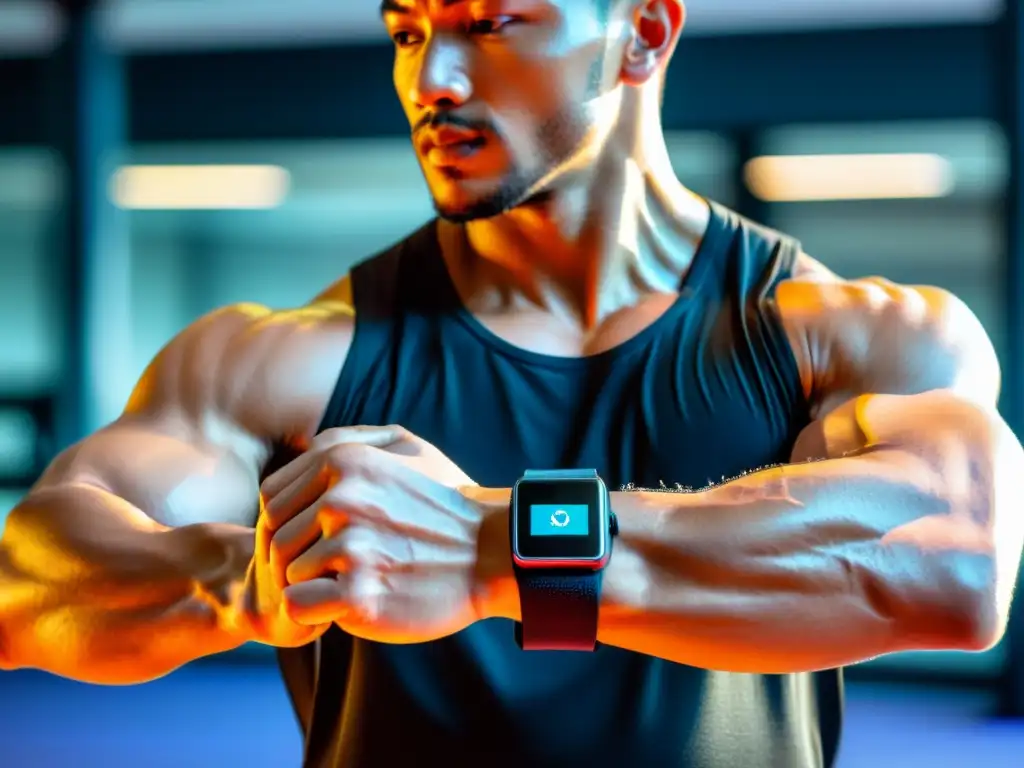 Un practicante de artes marciales ejecuta una patada poderosa en un estudio, con un wearable fitness tracker en su muñeca