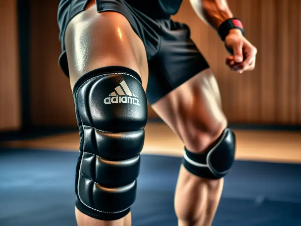 Un practicante de artes marciales ejecuta una patada poderosa en un espacio de entrenamiento, con el rostro tenso y sudoroso