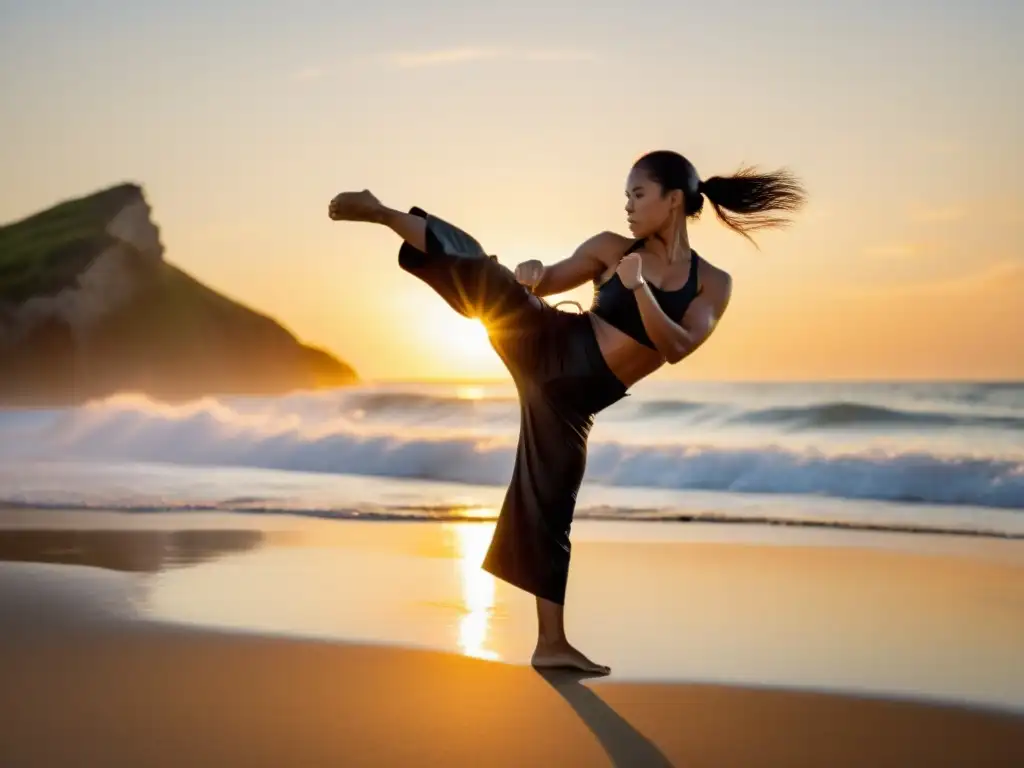 Un practicante de artes marciales ejecuta una patada circular perfecta en una playa serena al atardecer, con olas rompiendo en el fondo