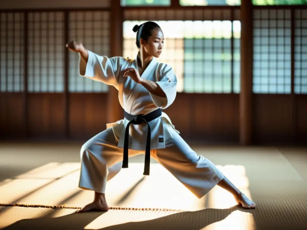 Un practicante de artes marciales ejecuta una patada precisa en un dojo soleado, luciendo ropa de entrenamiento para artes marciales