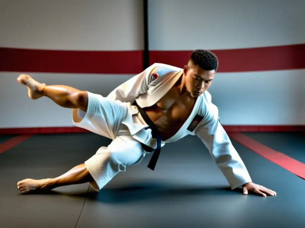 Un practicante de artes marciales ejecuta una patada, mostrando fuerza y determinación