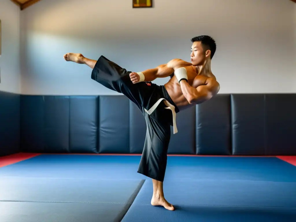 Un practicante de artes marciales realiza una patada poderosa en un dojo bien iluminado, destacando la durabilidad y flexibilidad de la ropa interior protectora para artes marciales