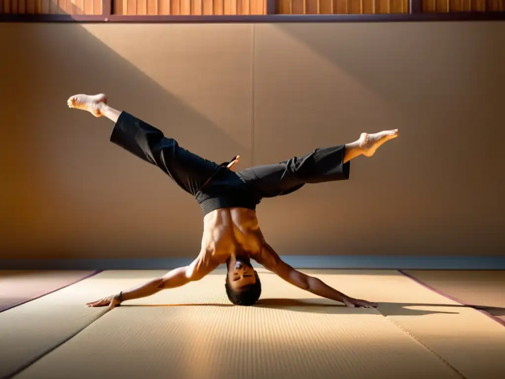 Practicante de artes marciales realiza un perfecto split en equilibrio con una mano, en un dojo tradicional