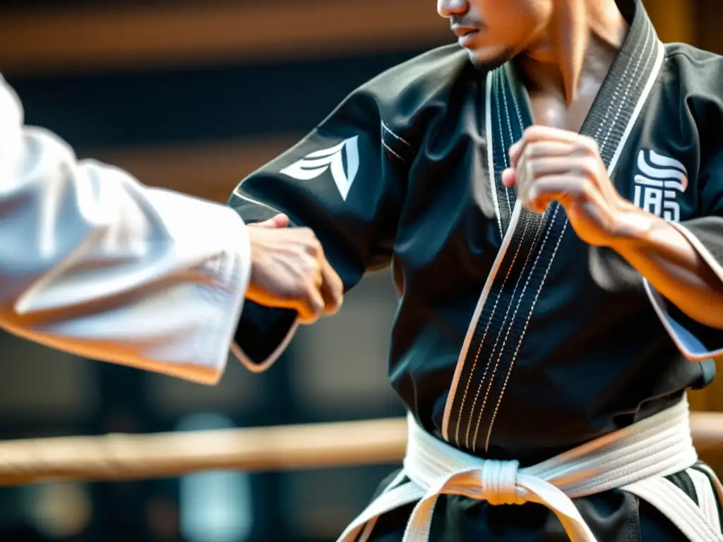 Un practicante de artes marciales en pleno entrenamiento, mostrando la resistente y funcional 'Ropa de entrenamiento para artes marciales'