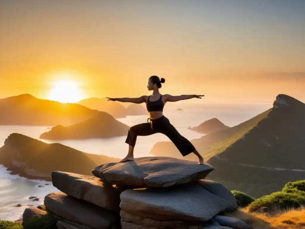 Un practicante de artes marciales realiza una postura de yoga con una pierna en un acantilado rocoso al atardecer