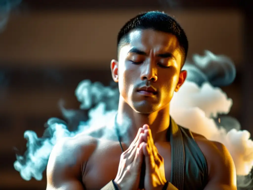 Un practicante de artes marciales en postura meditativa, concentrado, con iluminación suave y sutiles rastros de humo de incienso en el aire