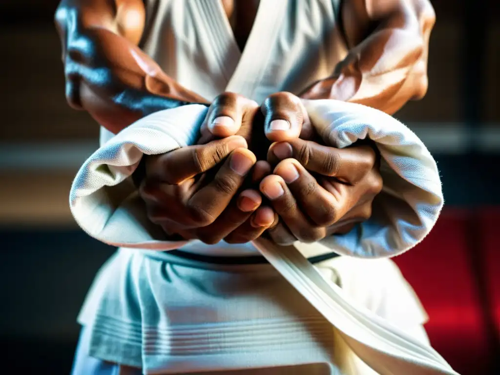 Un practicante de artes marciales envuelve con determinación sus puños con tela tradicional, mostrando fuerza y enfoque