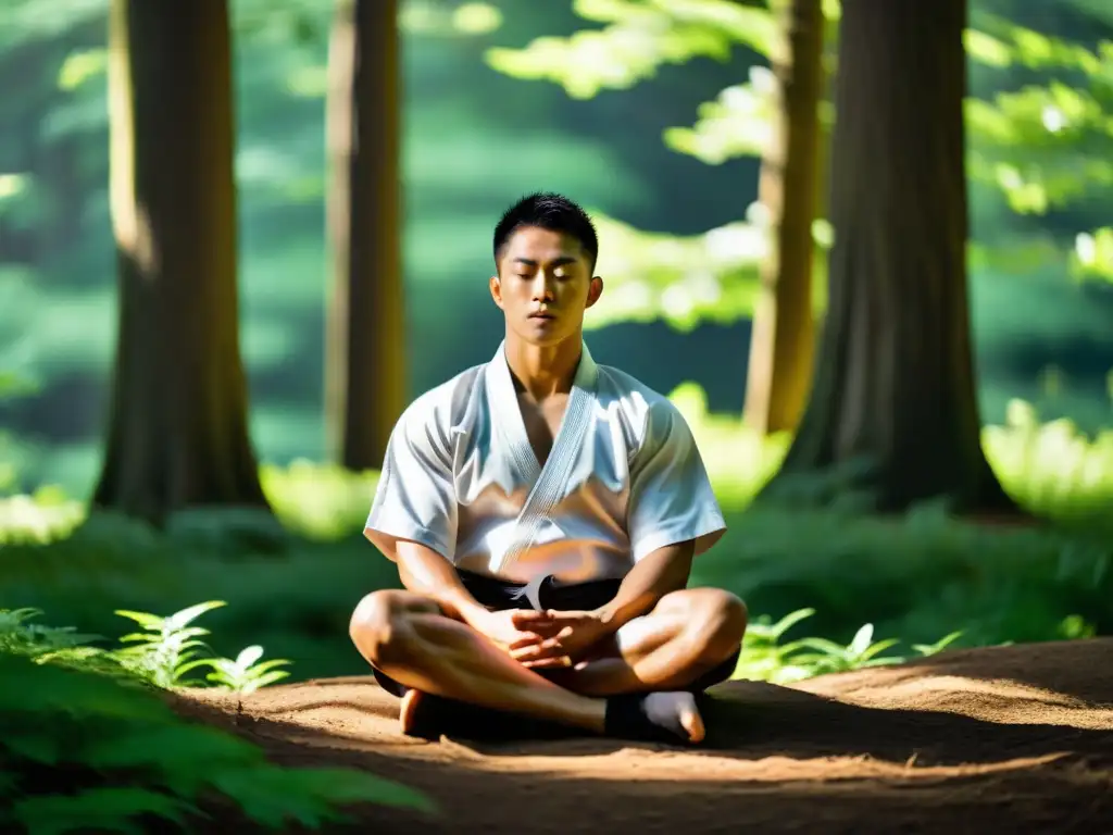 Un practicante de artes marciales en meditación, rodeado de naturaleza, irradiando paz y concentración