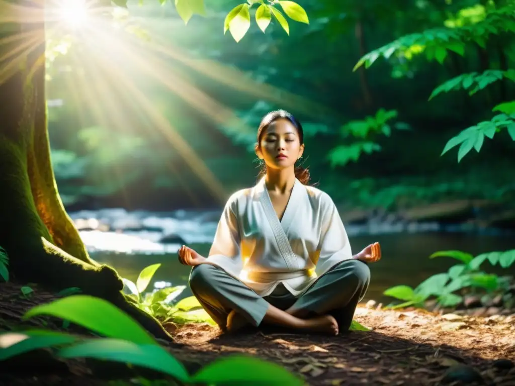 Un practicante de artes marciales en meditación, rodeado de naturaleza exuberante