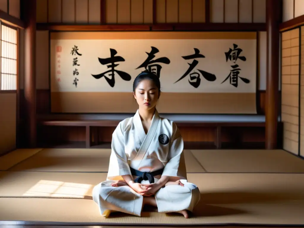 Un practicante de artes marciales sereno medita en un dojo tradicional, emanando calma y concentración