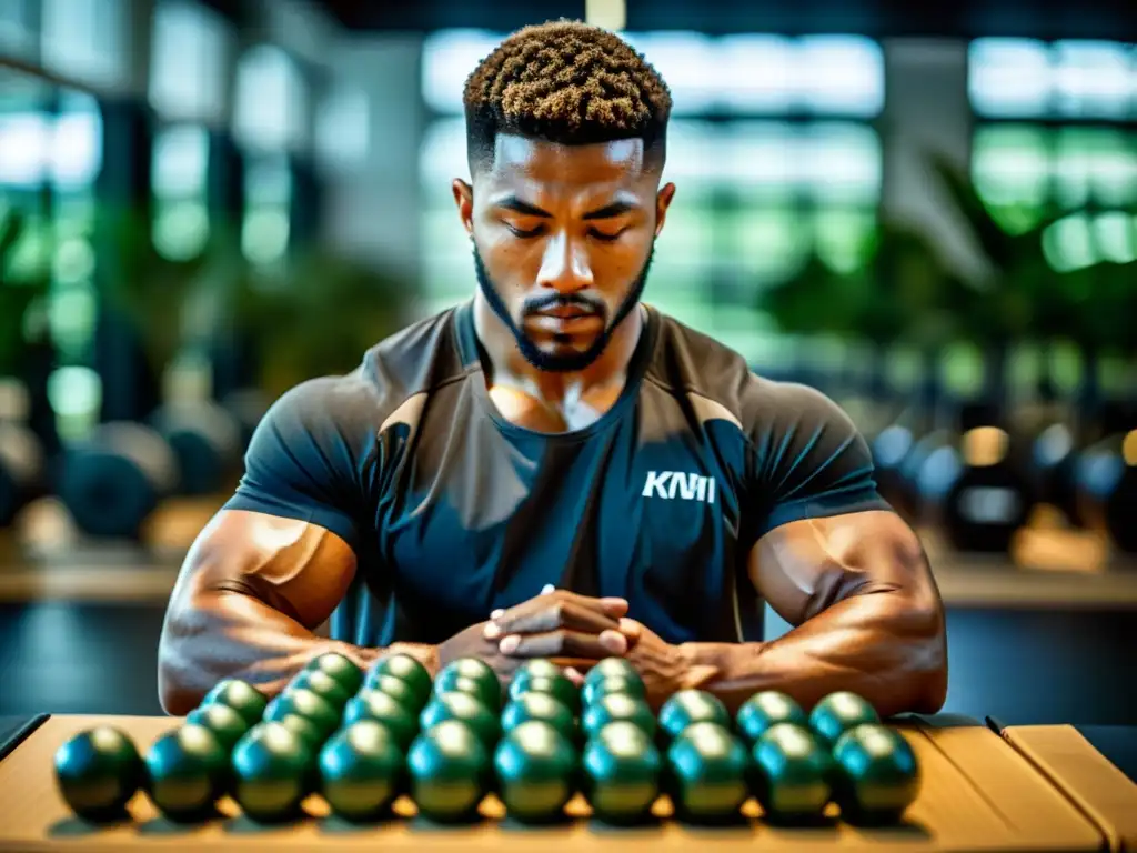 Un practicante de artes marciales organiza sus suplementos para entrenamientos, mostrando determinación y enfoque en el gimnasio