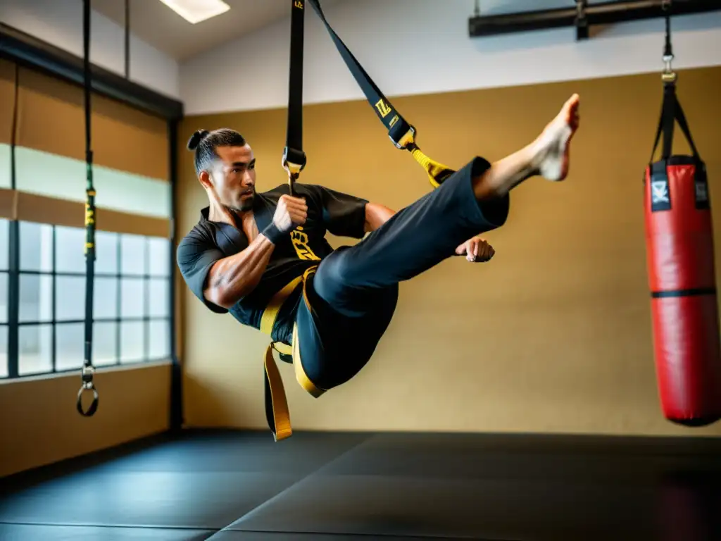 Kick de artes marciales con TRX en dojo Practicante de artes marciales suspendido en el aire, realizando una patada giratoria precisa con TRX
