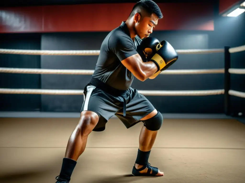 Un practicante de artes marciales demostrando técnicas intensas con rodilleras para artes marciales intensas en un ambiente de entrenamiento oscuro y desafiante