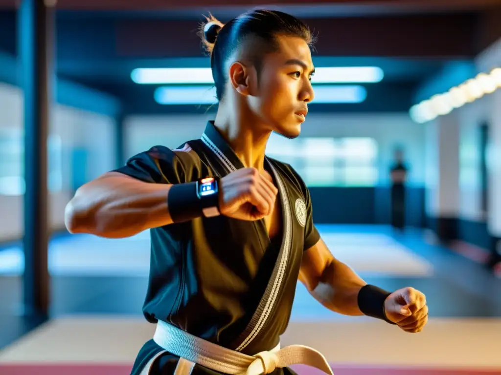 Practicante de artes marciales con tecnología wearable realiza una patada alta en un dojo tradicional, fusionando lo moderno y lo clásico