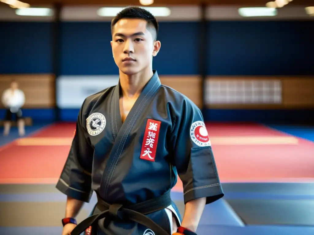 Practicante de artes marciales con uniforme oficial de alta calidad en un dojo lleno de determinación y pasión