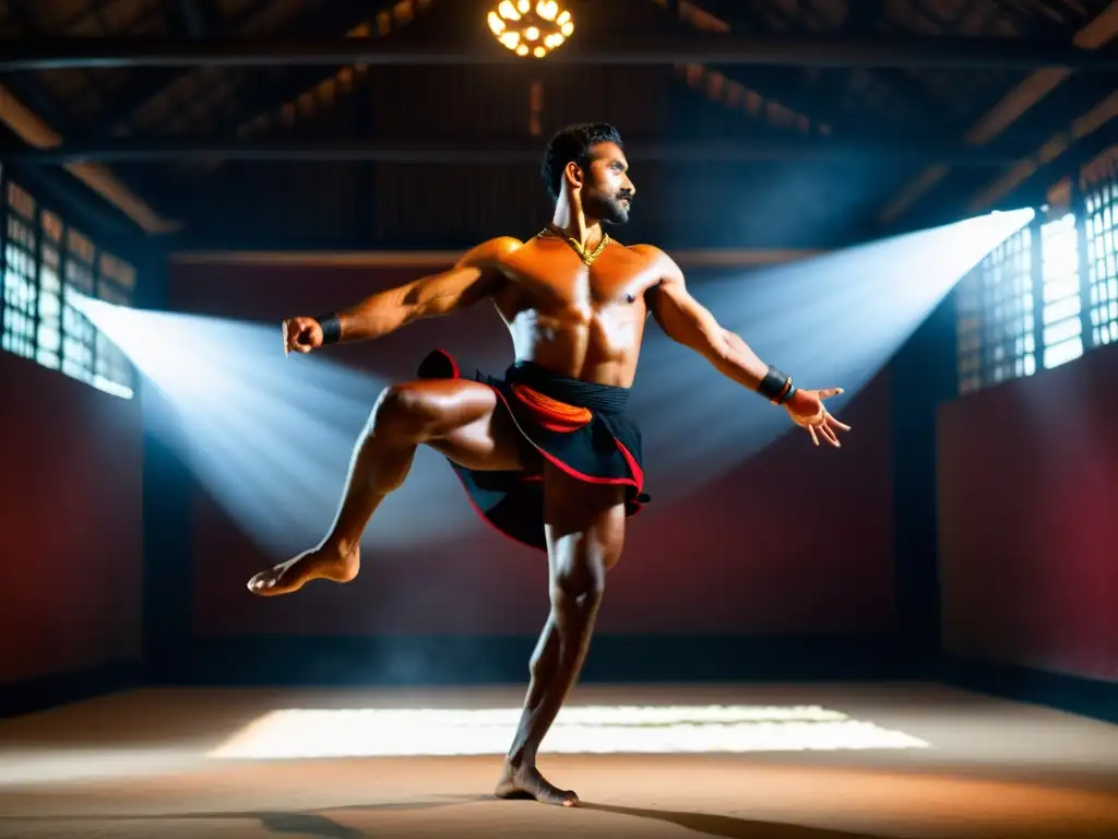 Practicante de Kalaripayattu en atuendo tradicional muestra conexión espiritual en ambiente de entrenamiento atmosférico