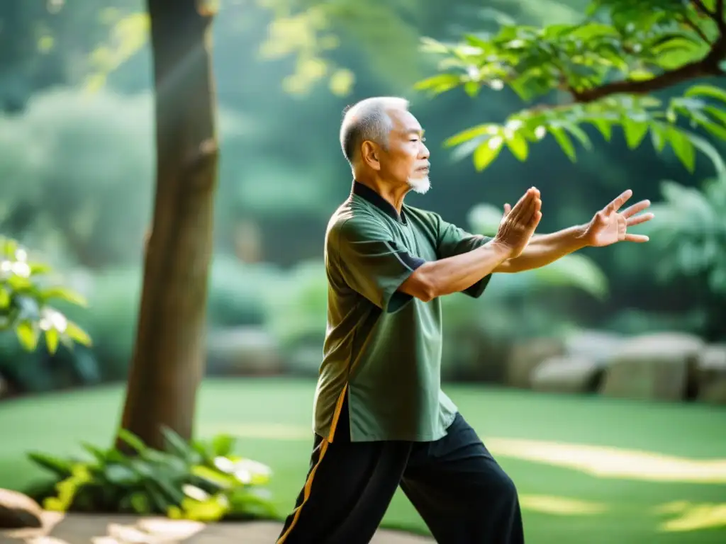 Practicante de kung fu experimenta beneficios terapéuticos en jardín sereno con instructor