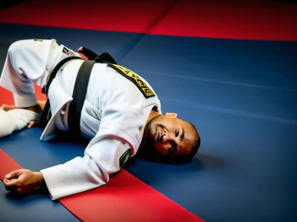 Practicante de Brazilian Jiu-Jitsu en gi blanco con cinturón negro, muestra respeto al instructor en dojo iluminado con luz dorada