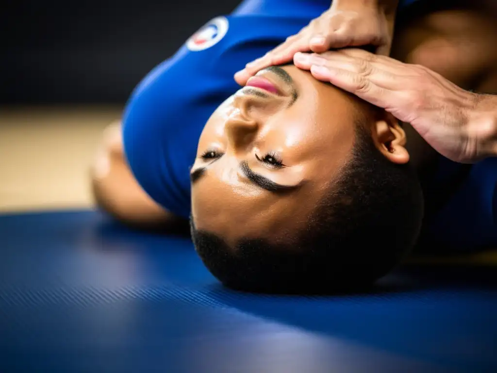 Practicante de JiuJitsu Brasileño se estira con concentración, resaltando los beneficios de flexibilidad