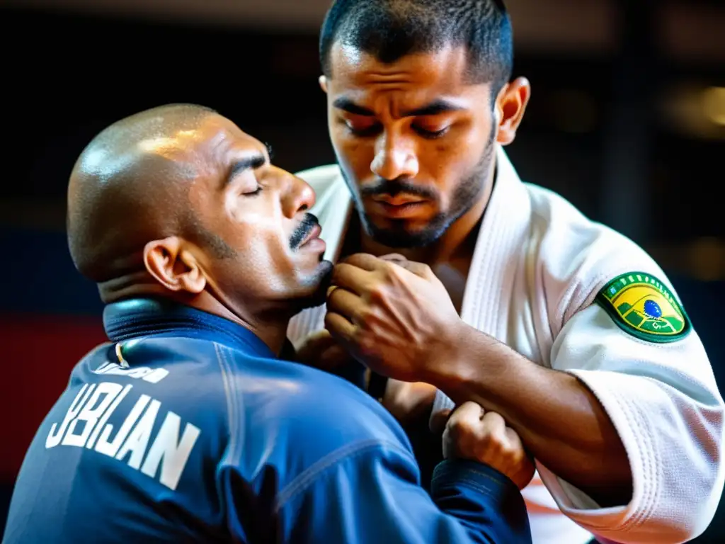 Un practicante de JiuJitsu Brasileño ejecuta una compleja llave, destacando la anatomía y concentración