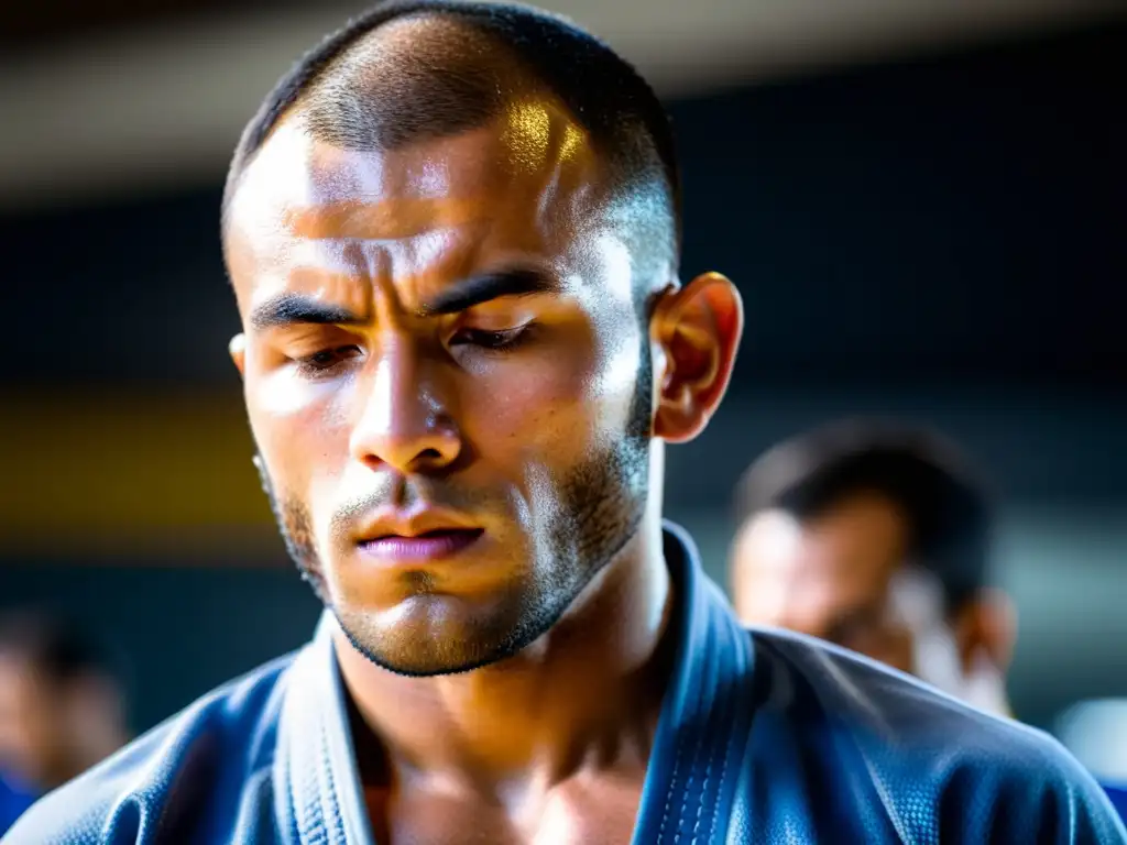 Practicante de JiuJitsu Brasileño concentrado, demostrando determinación y fuerza mental en el entrenamiento