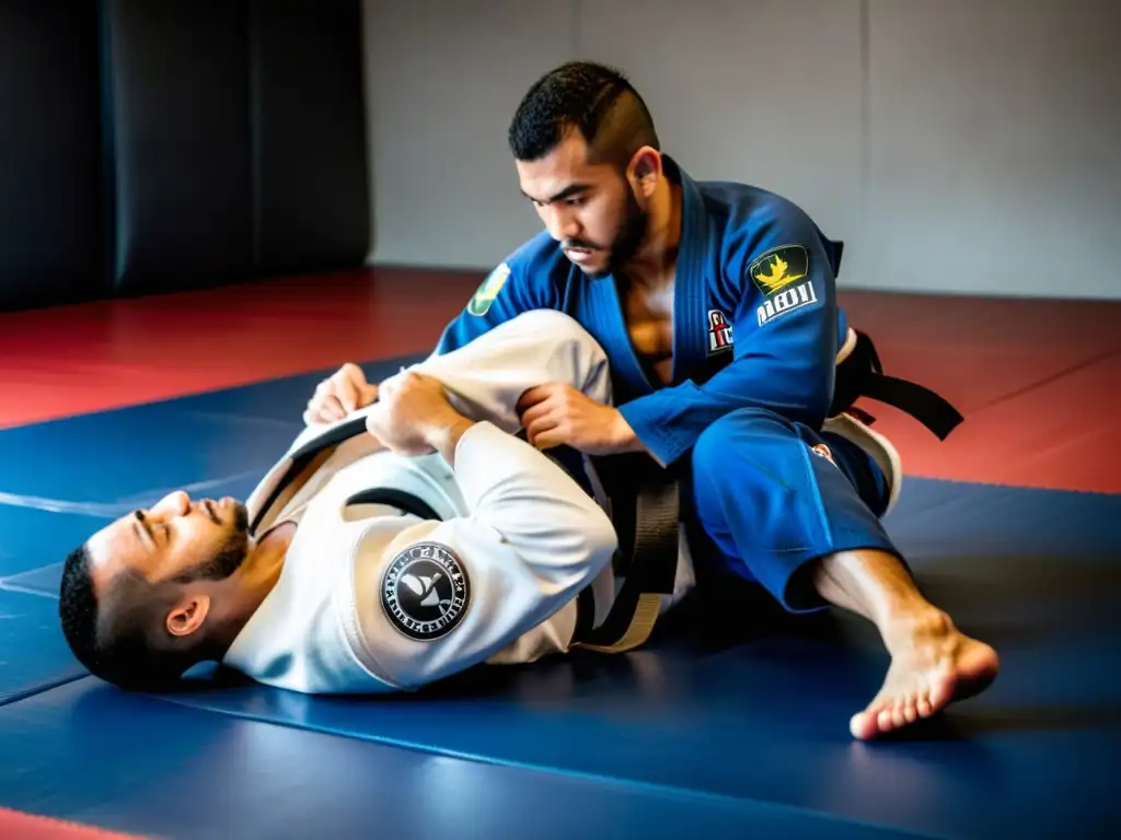 Un practicante de Jiu-Jitsu Brasileño ejecuta una defensa efectiva con concentración intensa en un dojo