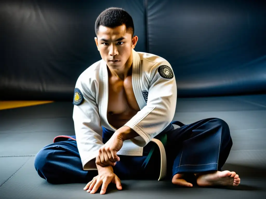 Un practicante de Jiu-Jitsu brasileño se esfuerza por superar los desafíos físicos, mostrando determinación y resilencia en su entrenamiento