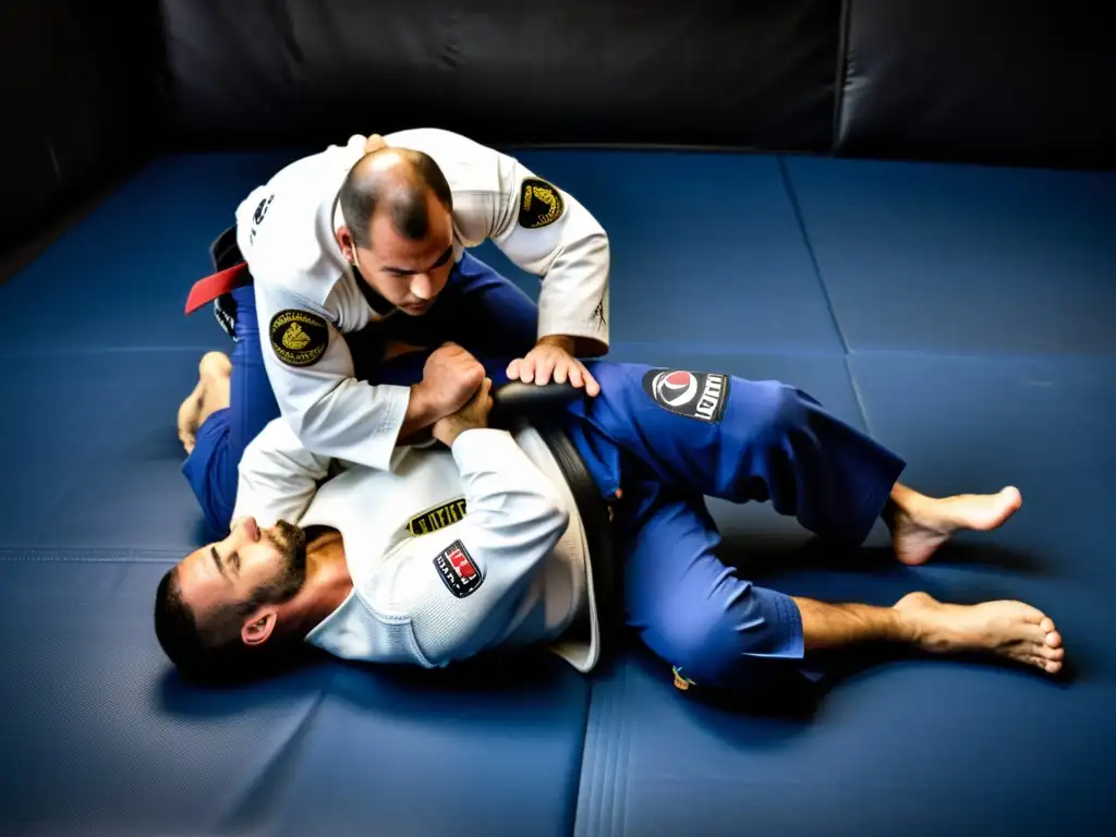 Un practicante de JiuJitsu Brasileño experto muestra las mejores guardias con intensidad y determinación en el tatami