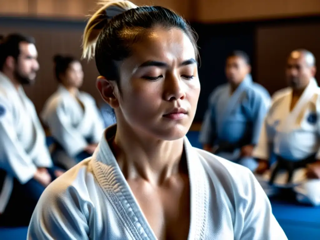 Un practicante de JiuJitsu Brasileño se enfoca en la importancia de la respiración mientras entrena en el tatami, rodeado de compañeros borrosos