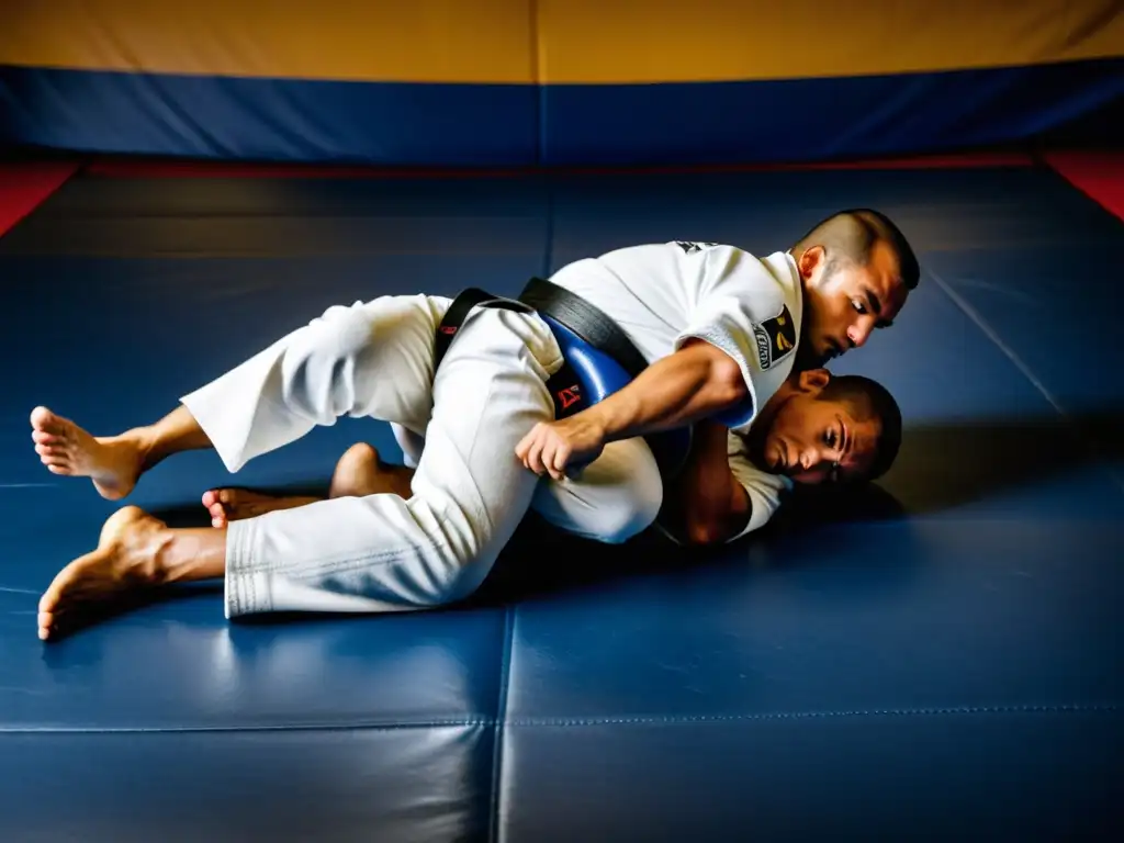 Un practicante de JiuJitsu Brasileño ejecuta una De La Riva guard con determinación en un intenso combate de sparring