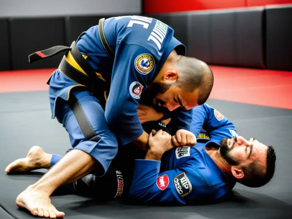 Un practicante de JiuJitsu Brasileño ejecuta una llave perfecta en una competencia de alto nivel, mostrando la anatomía de la técnica