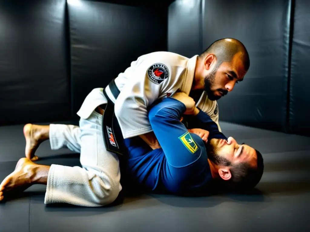 Un practicante de Jiu-Jitsu Brasileño ejecuta la mejor guardia de araña con determinación, destacando la intensidad y técnica de la posición