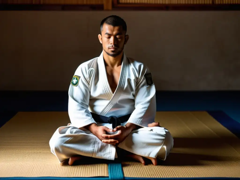 Un practicante de JiuJitsu Brasileño concentra su mente en el tatami, mostrando técnicas de concentración en un ambiente sereno y tenue