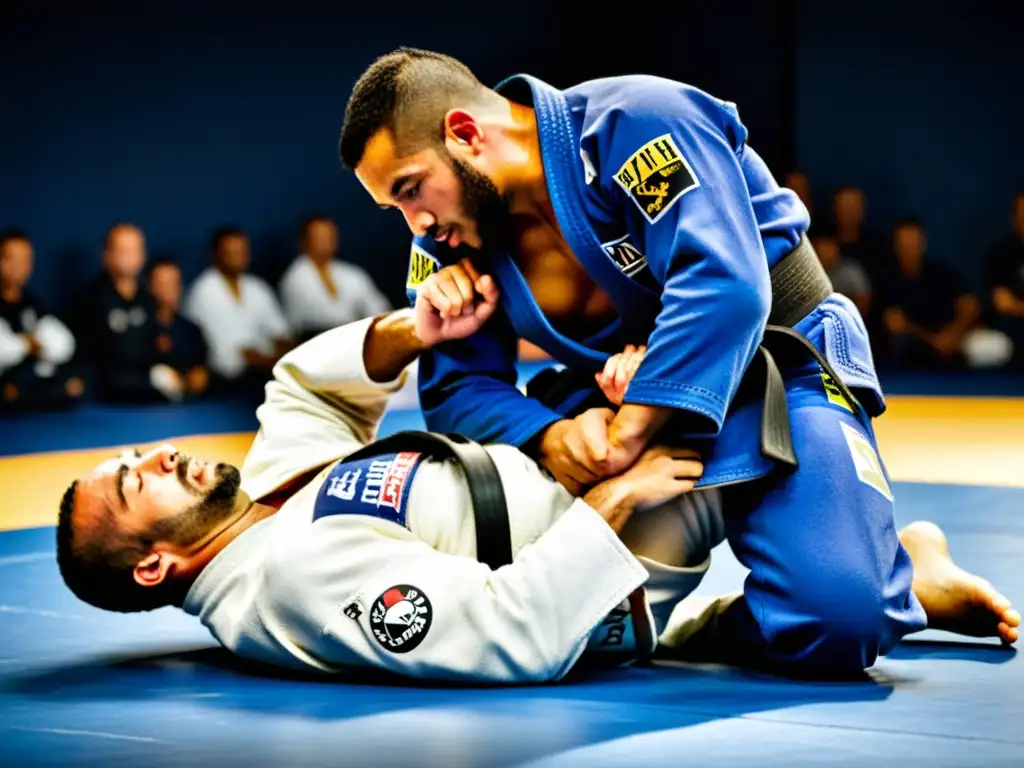 Un practicante de Jiu-Jitsu Brasileño ejecuta un perfecto armbar, demostrando los principios de eficiencia y control en una competición profesional