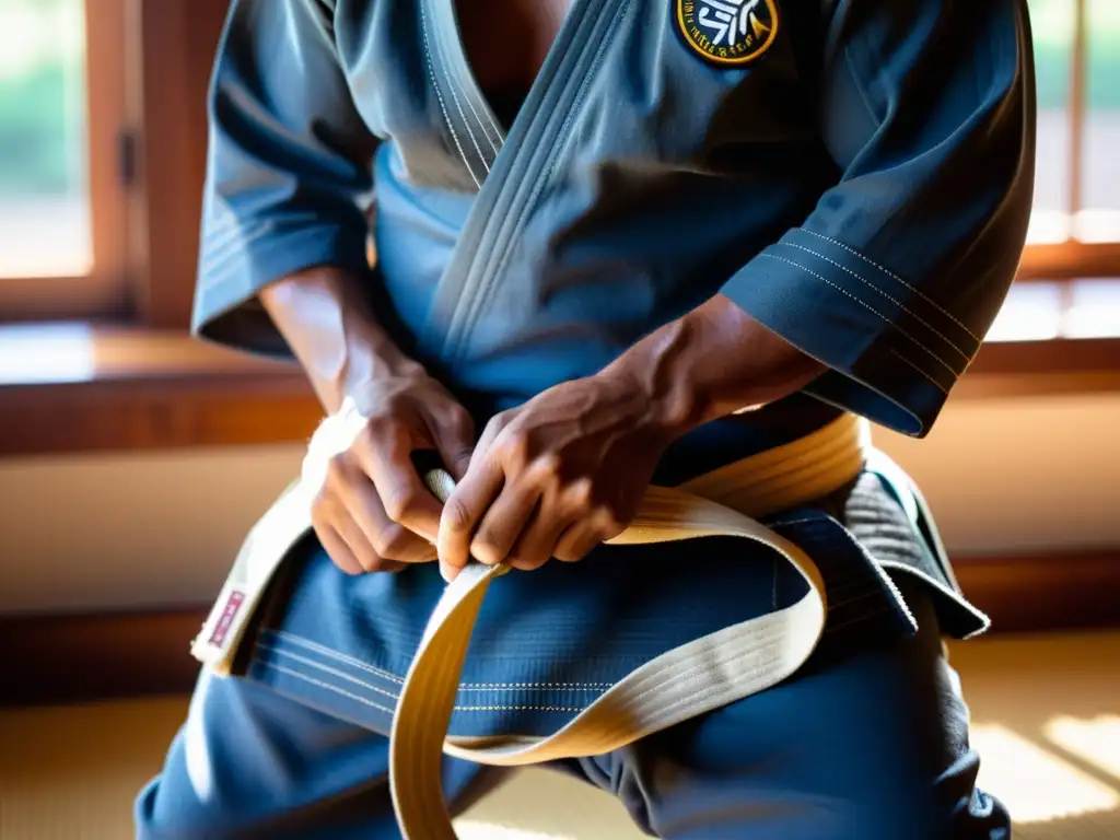 El practicante de JiuJitsu Brasileño ata el significado del 'gi' con determinación, reflejando años de entrenamiento y respeto por la tradición