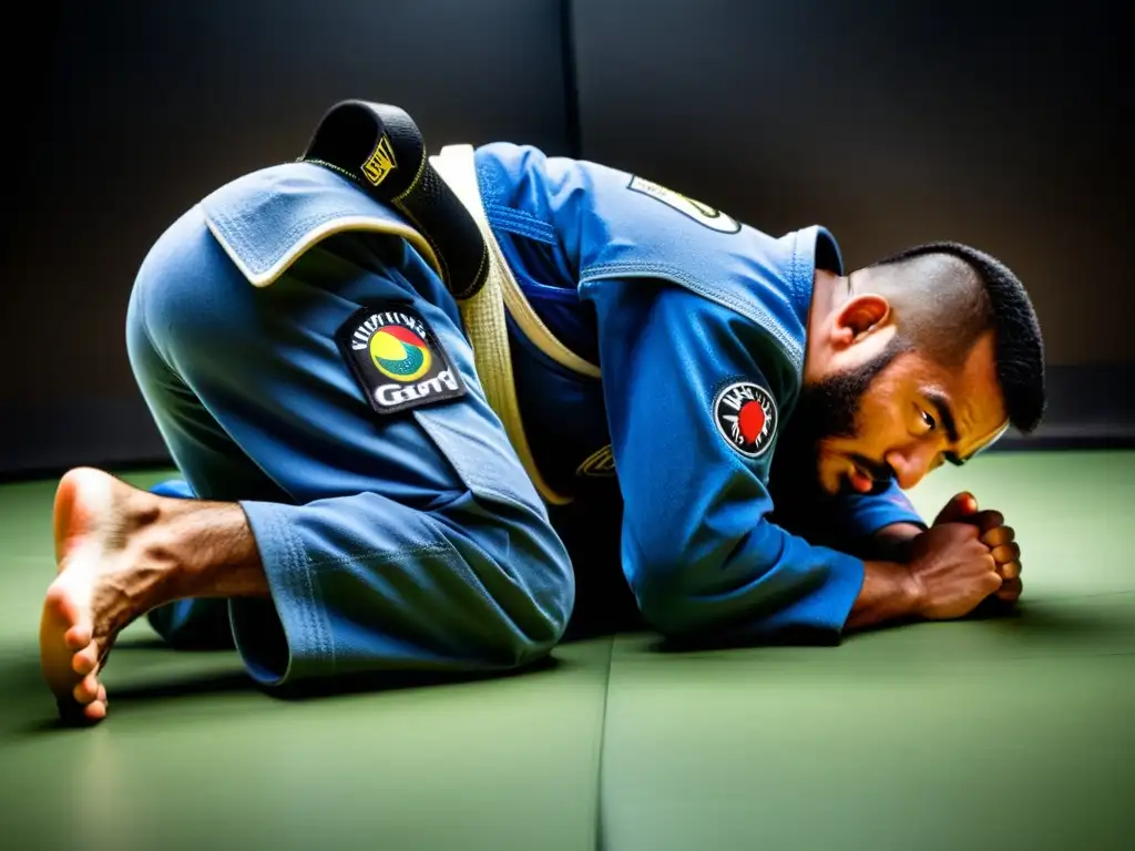 Un practicante de JiuJitsu Brasileño ejecuta la técnica de guardia araña con precisión y determinación