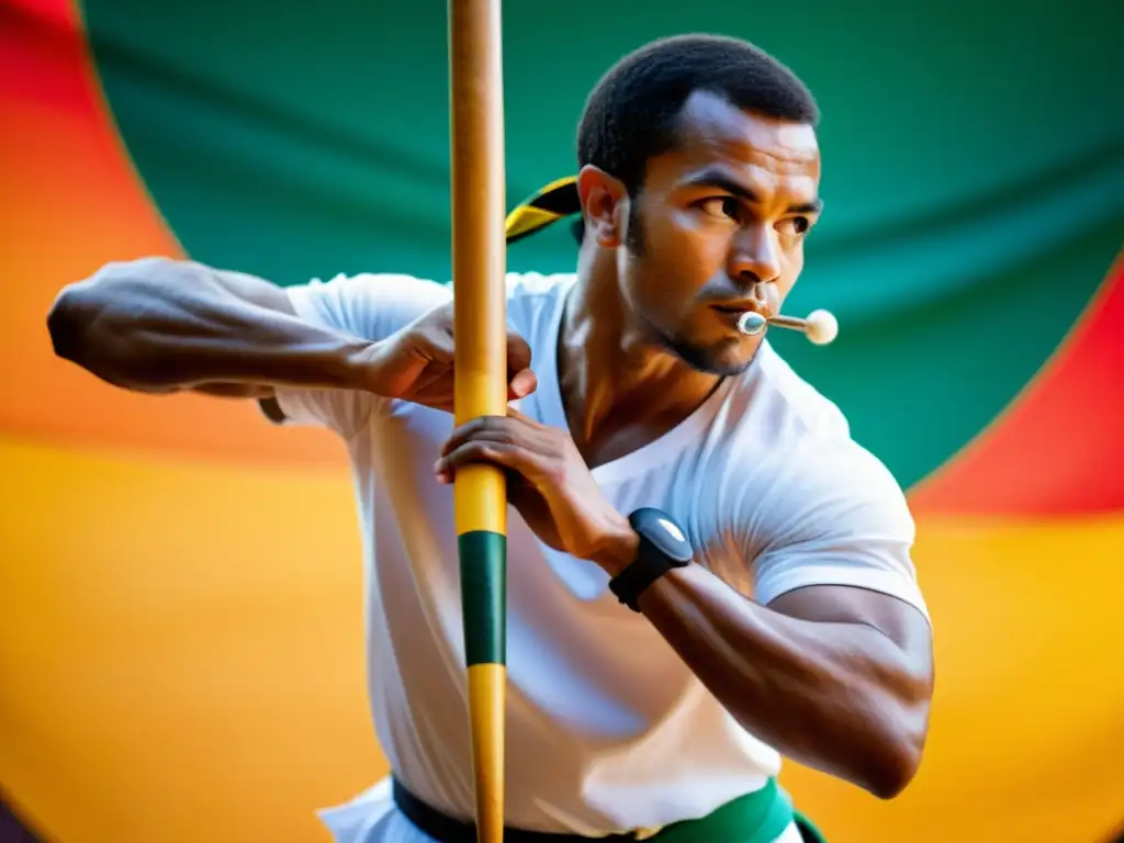 Un practicante de capoeira con determinación sostiene un berimbau, resaltando la importancia del berimbau en capoeira